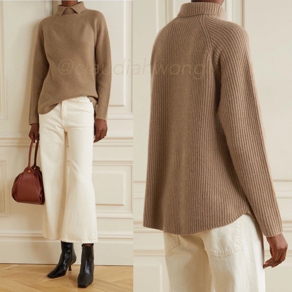 THEORY 100% Cashmere Moving Rib Turtleneck Sweater in Soft Camel Beige - Picture 1 of 13